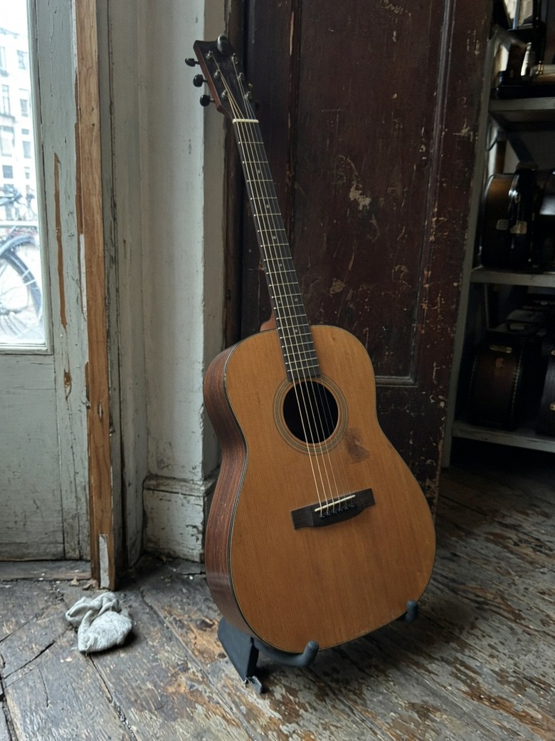 Akoestische gitaar op een standaard, geschilferd houten vloer