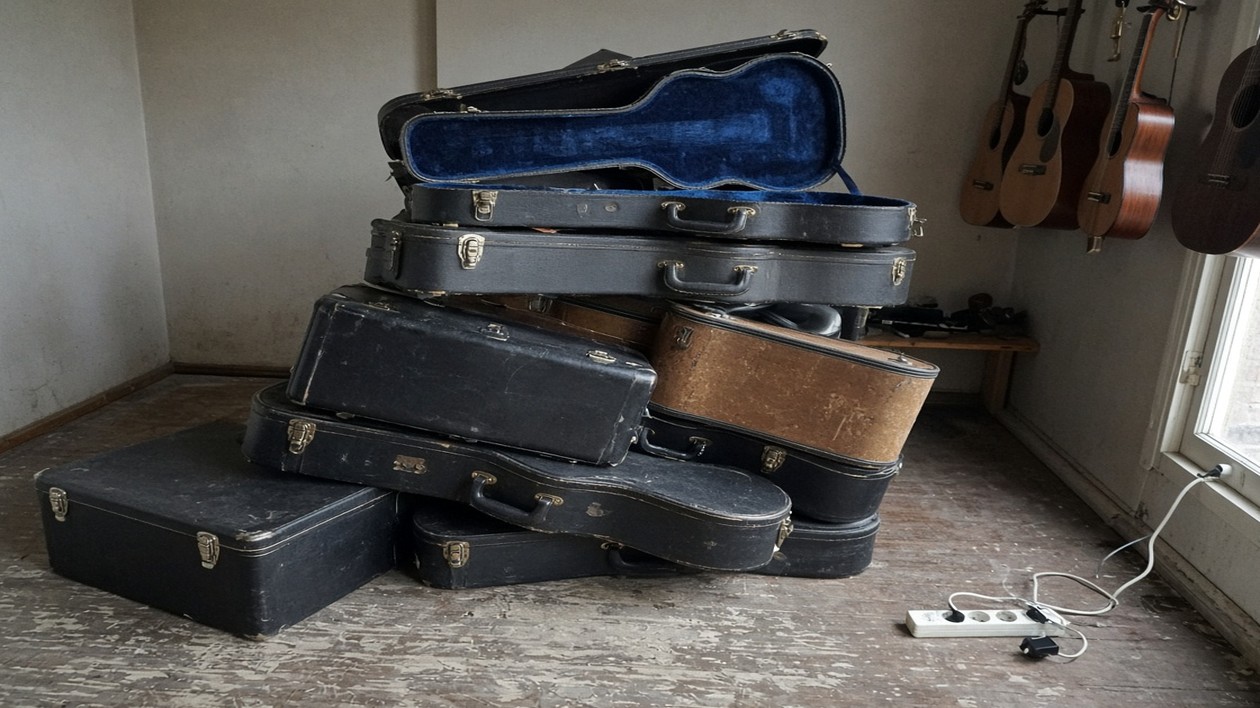 Stapel harde instrumentkoffers, een deksel open met blauwe voering