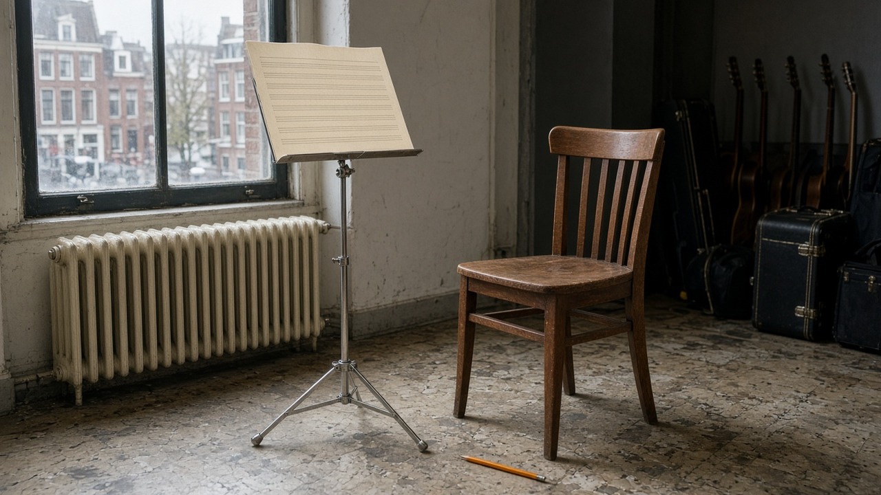 Metalen lessenaar met leeg notenblad, houten stoel en een potlood op de vloer