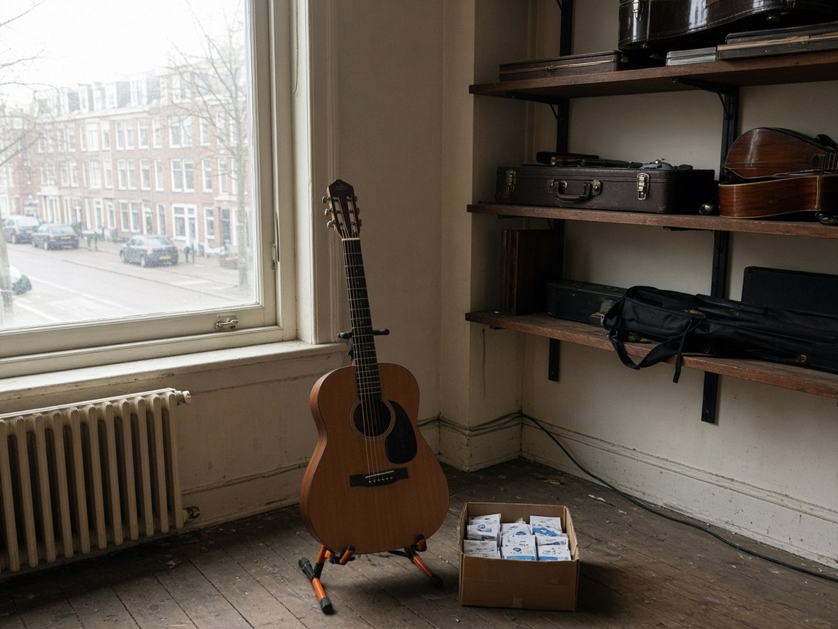 Akoestische gitaar op een standaard voor het raam, koffers op de plank