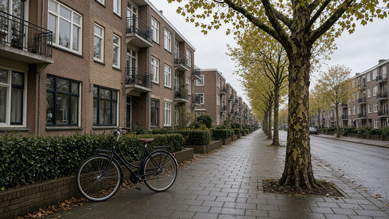 Jan Peppinkstraat na regen, baksteenblokken en een fiets tegen de muur