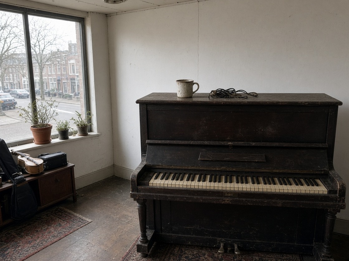 Staande piano in de hoek met een mok en een kabel op het deksel