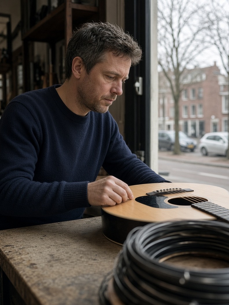 Verkoper aan de toonbank, kijkend naar een akoestische gitaar